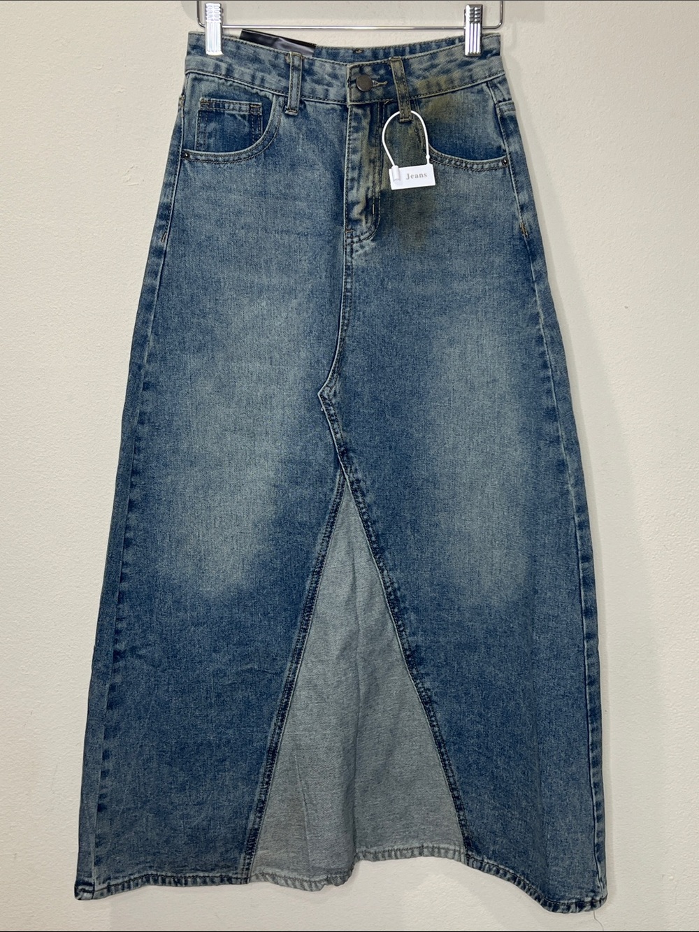 Classic Blue Denim Maxi Skirt with Front Slit